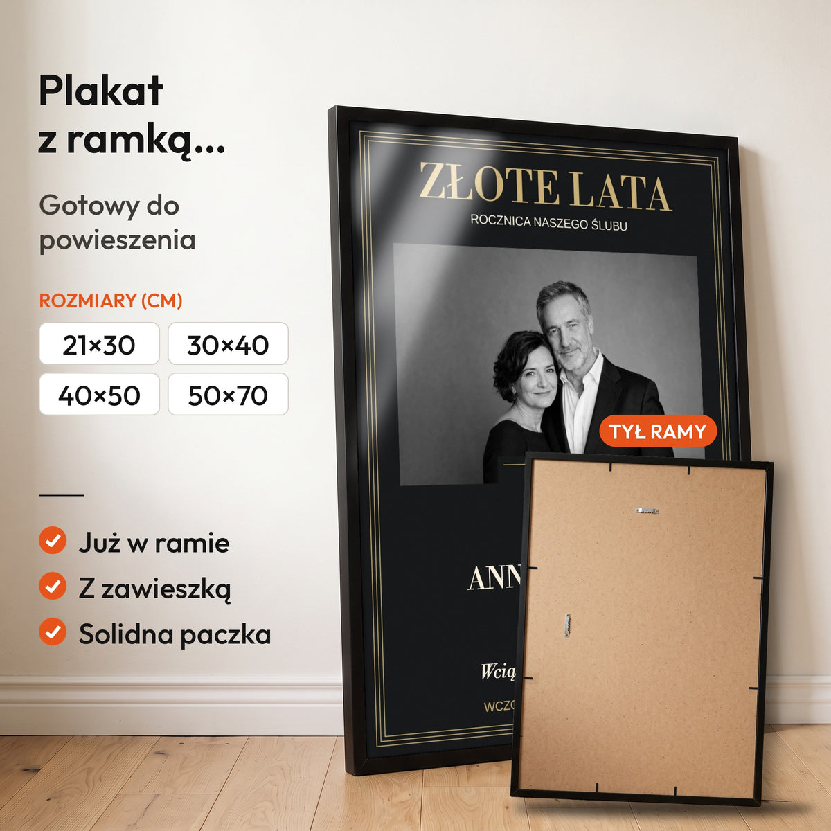 ZŁOTE LATA — plakat z ramką, gotowy do powieszenia: czarna rama od przodu i tył ramy z zawieszką. C-PL-HEART-8-2130-NF