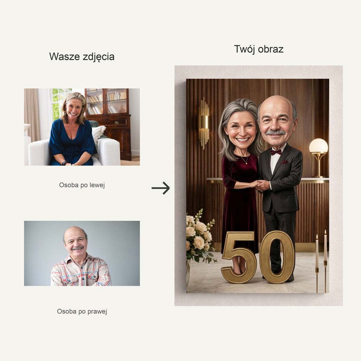 Złoty Jubileusz — dwa zdjęcia źródłowe i portret po personalizacji C-CV-KAR-DOUB-07-2030