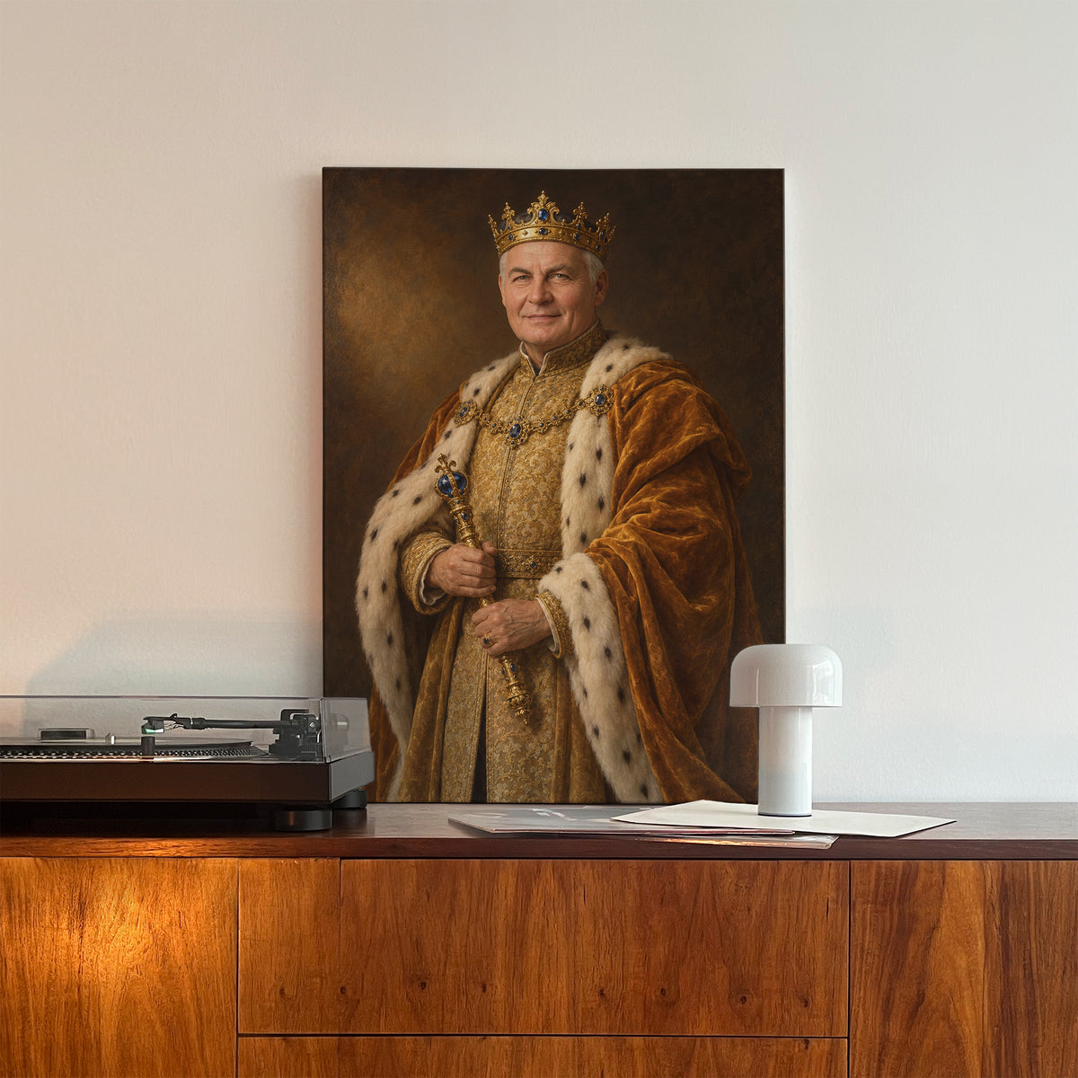 Złoty monarcha — personalizowany obraz na płótnie oparty o jasną ścianę, na drewnianej komodzie obok gramofonu. C-CV-ROY-14-2030