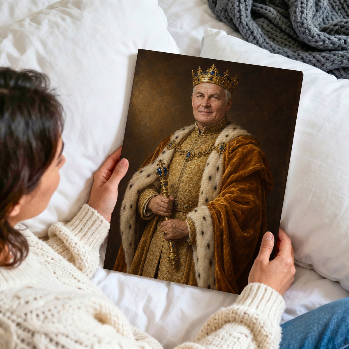 Złoty monarcha — personalizowany obraz na płótnie oglądany z bliska i trzymany w dłoniach na tle jasnej pościeli. C-CV-ROY-14-2030