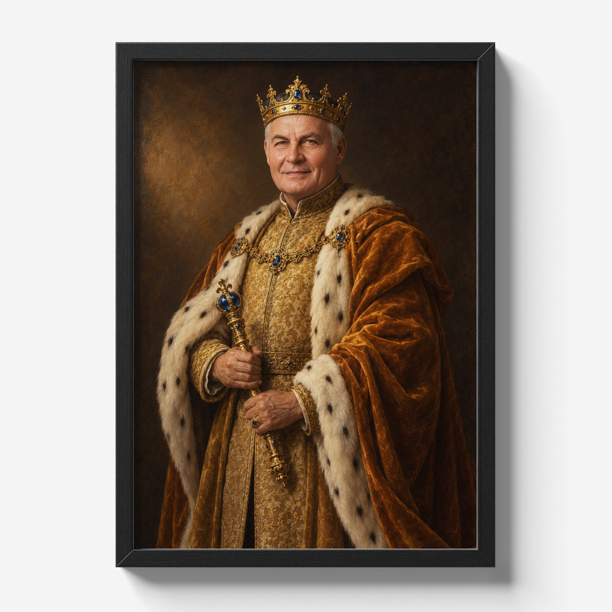 Złoty Monarcha — plakat ze zdjęcia w czarnej ramie na jasnym tle, z portretem mężczyzny w koronie i złotym płaszczu, z berłem w dłoniach.