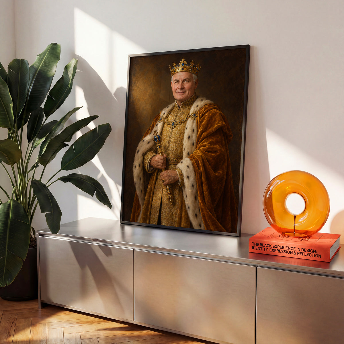 Złoty Monarcha — plakat w czarnej ramie na komodzie we wnętrzu, z portretem mężczyzny w koronie i złotym płaszczu, z berłem w dłoniach. C-PL-ROY-14-2130-NF