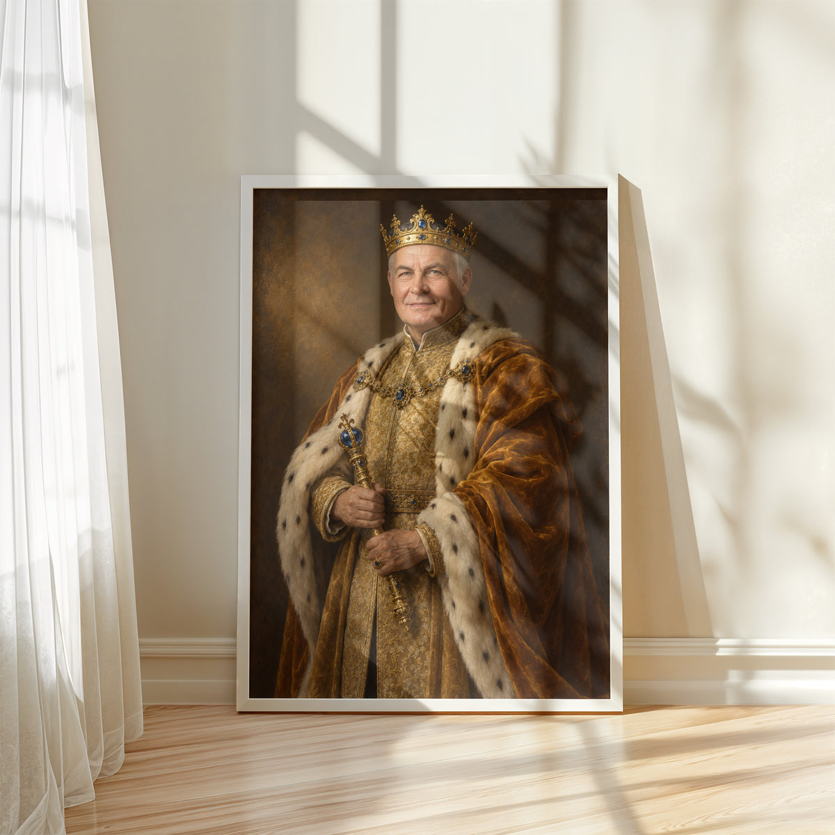 Złoty Monarcha — plakat w białej ramie przy oknie, z portretem mężczyzny w koronie i złotym płaszczu, z berłem w dłoniach. C-PL-ROY-14-2130-NF