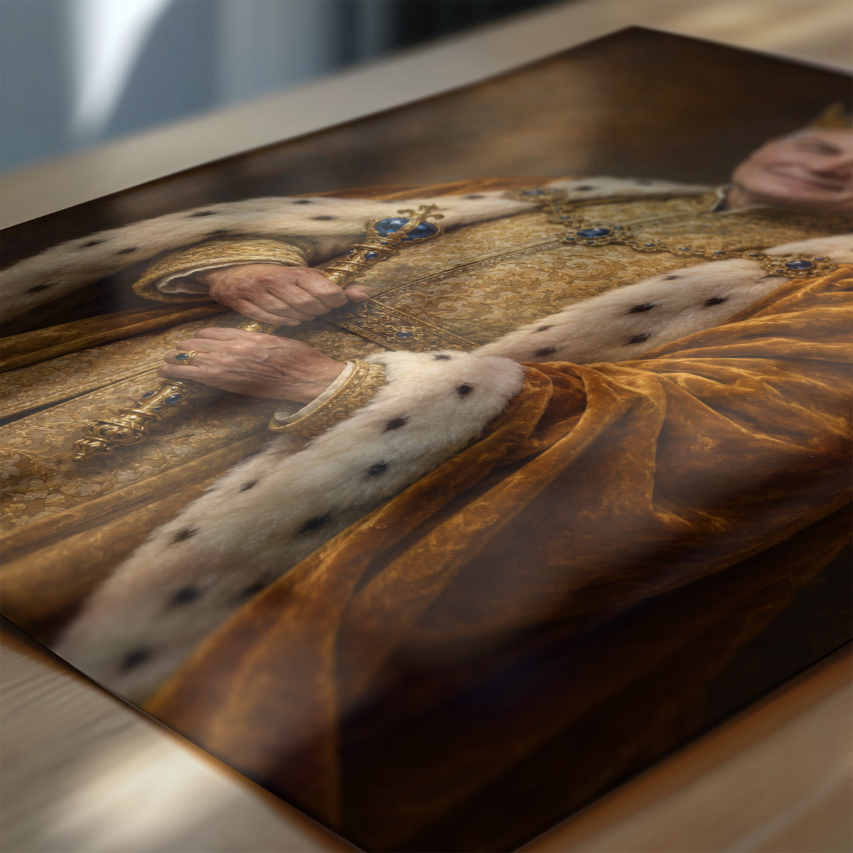 Zbliżenie plakatu Złoty Monarcha: detale malarskiego kostiumu, rekwizytów i tła na papierze fotograficznym. C-PL-ROY-14-2130-NF
