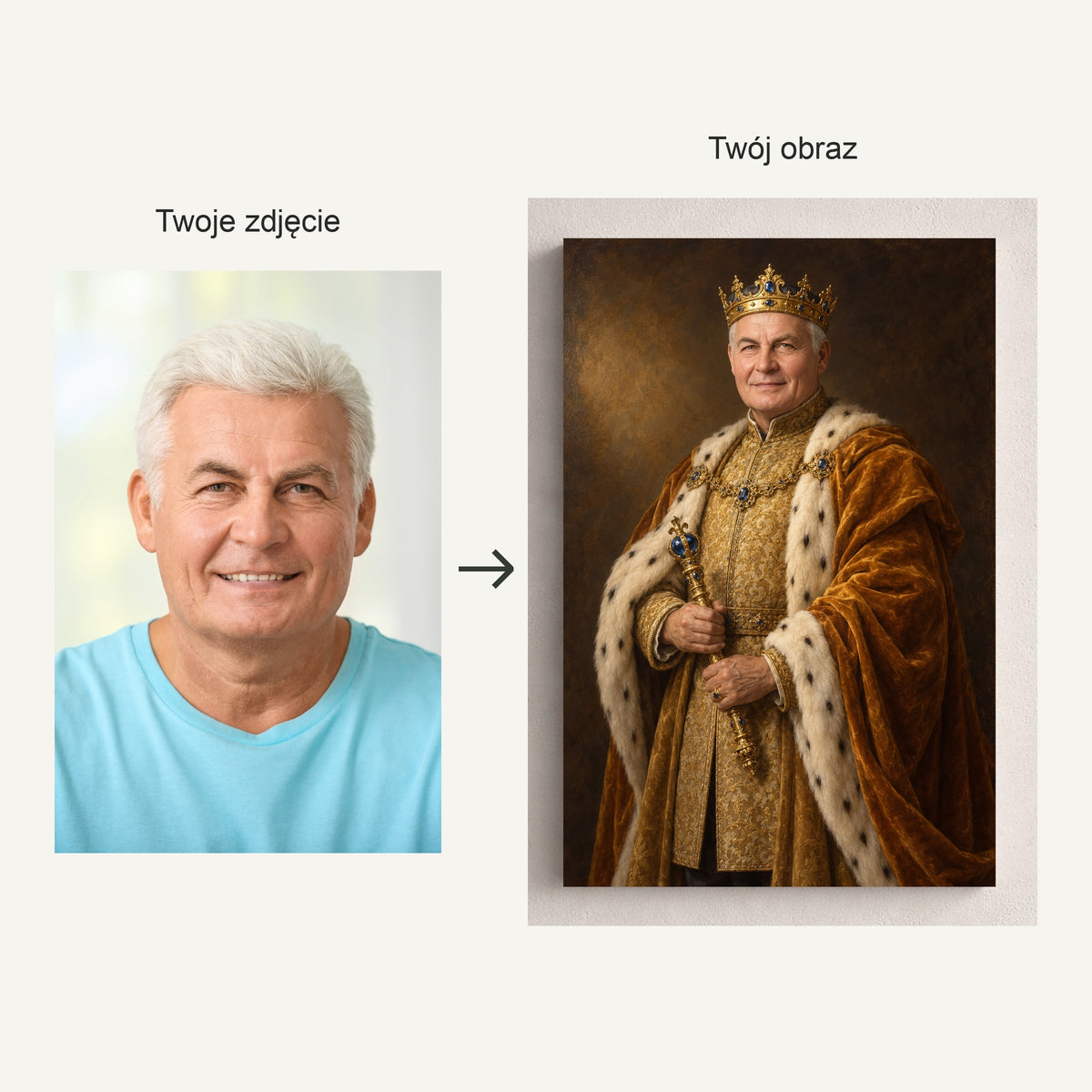 Złoty monarcha — fotografia źródłowa i rzeczywisty portret ze zdjęcia na płótnie, pokazane obok siebie ze strzałką przed i po. C-CV-ROY-14-2030