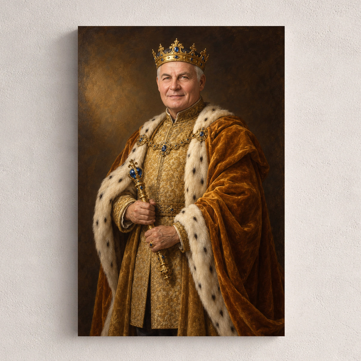 Złoty monarcha — personalizowany portret ze zdjęcia na płótnie, przykład obrazu w rozmiarze 20×30 cm na jasnej ścianie.